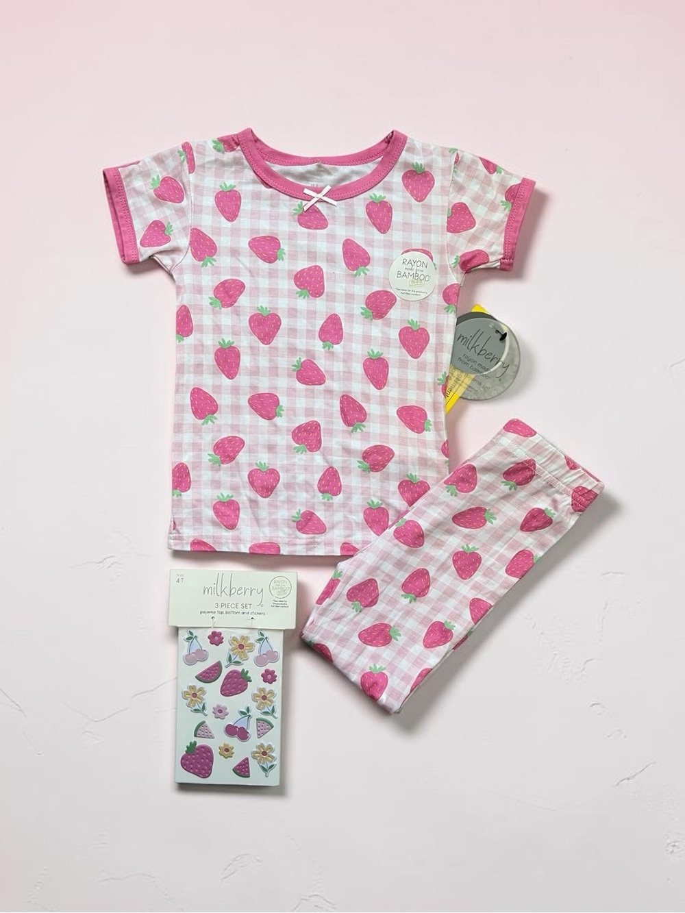 Milkberry Pink and white gingham Strawberry Print Kids Pajama Set 4T